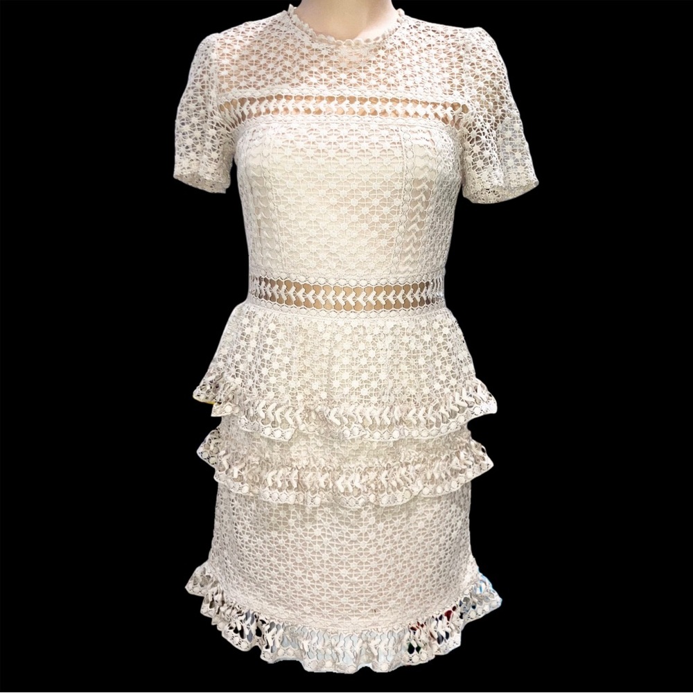 Aqua Blush Pink Boho Crochet Lace Dress Short Sleeve Tiered Ruffle Skirt Women S - Picture 5 of 8